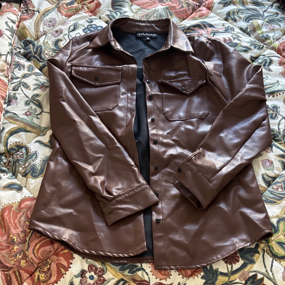 Brown Faux Leather Shirt Jacket